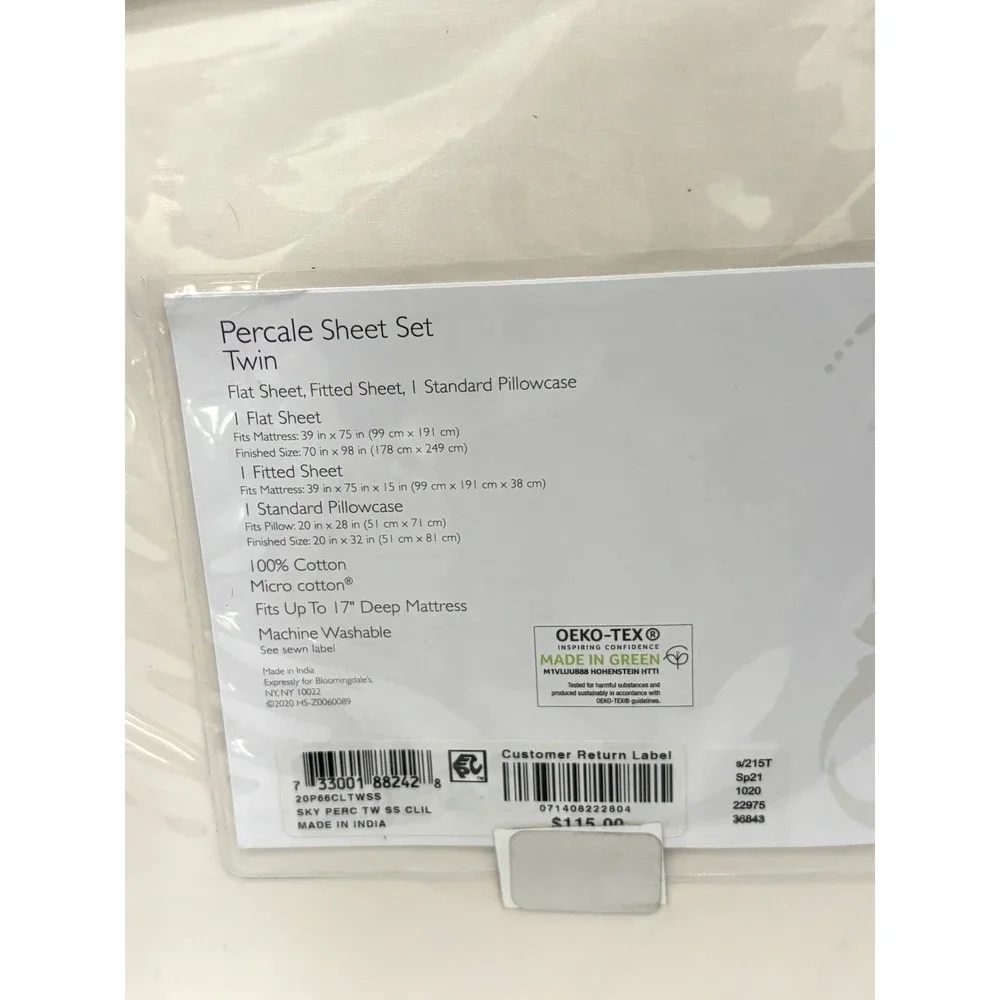 Sky Bloomingdale's Twin Percale Sheet Set 100% Cotton 3-Piece 17
